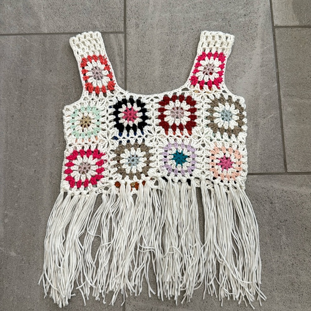 Costa Rican Crochet & fringe tank top, Sz S